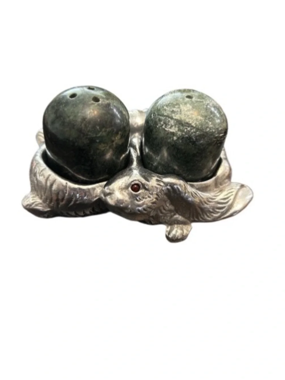 Vintage Arthur Court Rabbits Salt & Pepper Shakers Marble Aluminum Red Stone Eye
